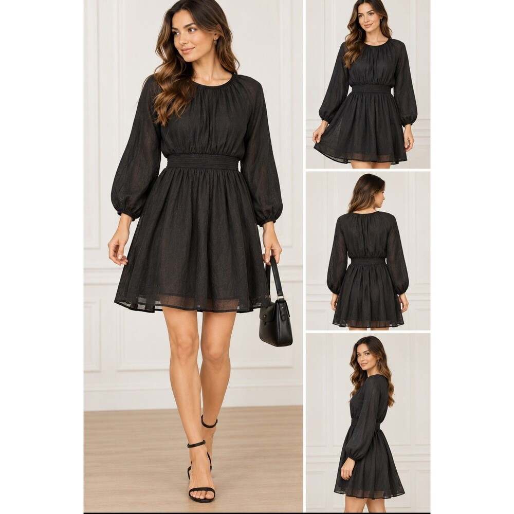 NWT J.CREW Black Linen Cotton Smocked Waist Mini Dress Women’s S Long Sleeve